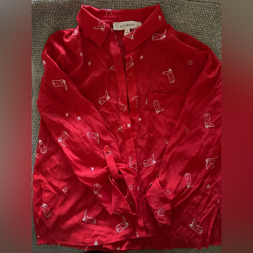 Lily White Red Shirt with Western Boot Design